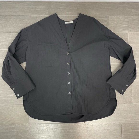 CO Collections V-Neck Blouse in Cotton Blend Poplin Black S Luxury Minimalist - Picture 13 of 16